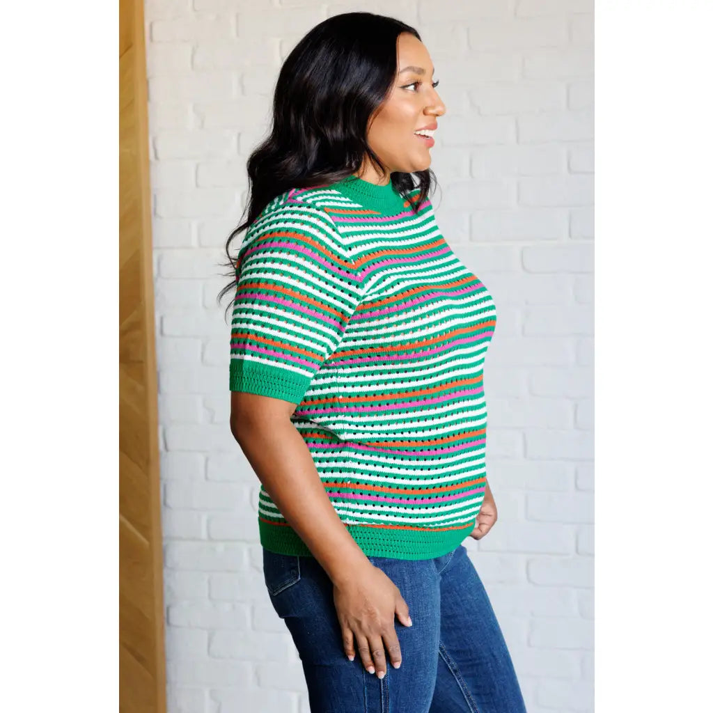 Shop our striped knit top in plus and standard sizes SM-3XL. High stretch sweater with flattering fit vibrant color