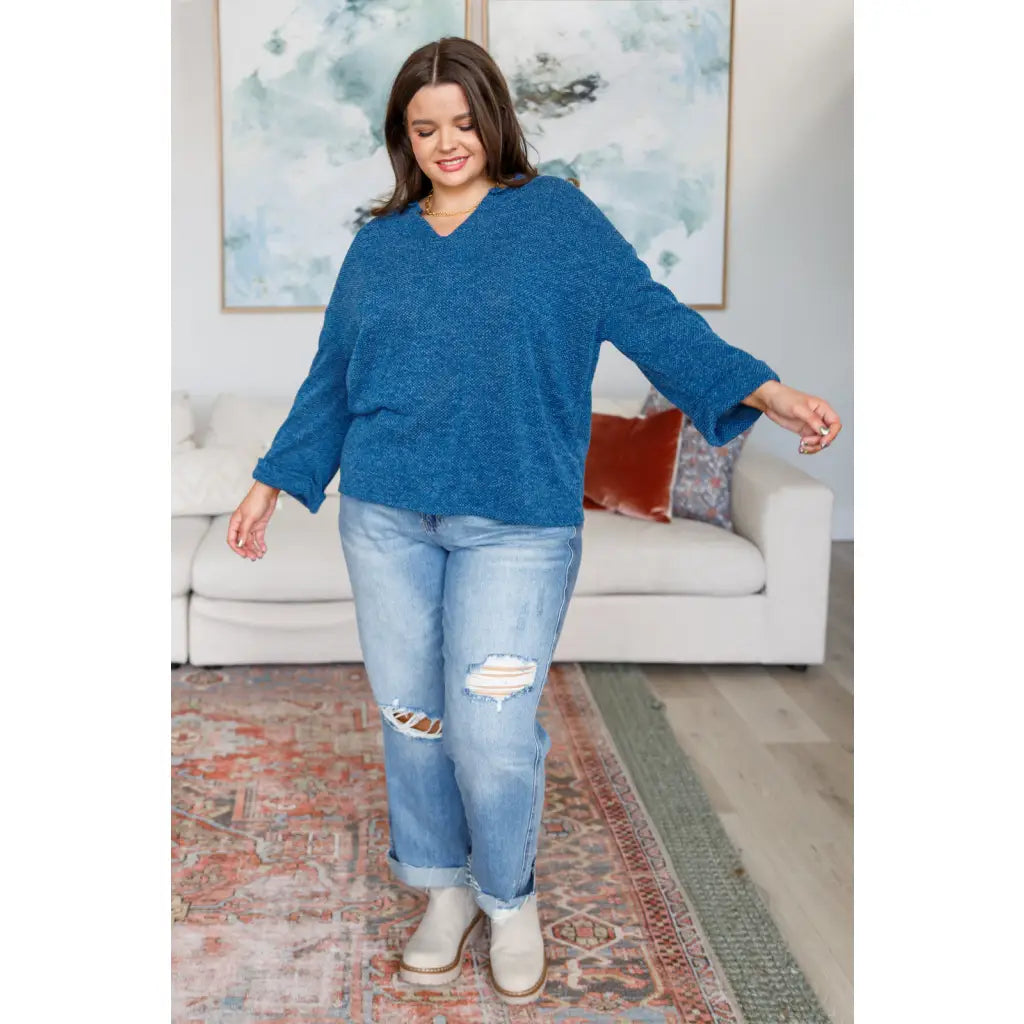 Elevate your style with the French Blue V-Neck Pullover—a luxe Boujee Chic chenille knit sweater a flattering v-neck