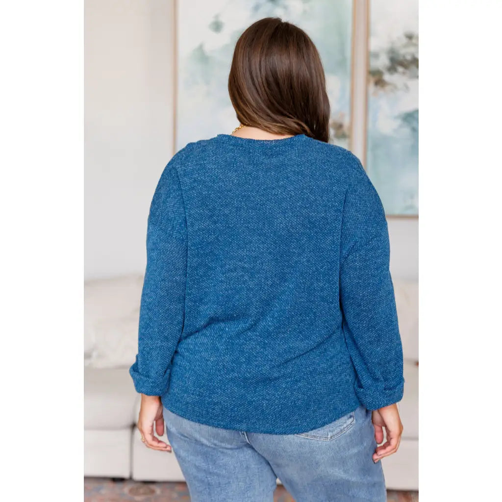 Elevate your style with the French Blue V-Neck Pullover—a luxe Boujee Chic chenille knit sweater a flattering v-neck
