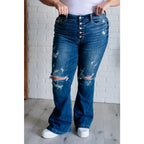 Our Gabriella Distressed Button Fly Flare Jeans by Judy Blue feature a stretch denim that shapes mid-rise and slight