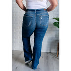 Our Gabriella Distressed Button Fly Flare Jeans by Judy Blue feature a stretch denim that shapes mid-rise and slight