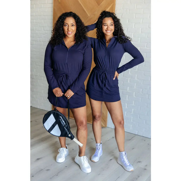 Getting Out Hoodie Romper Dress in Navy - Jumpsuits &