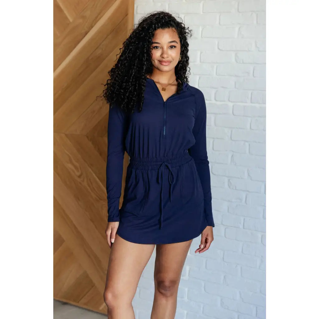 Our Getting Out Hoodie Romper Dress in Navy is made from a super soft brushed microfiber that perfect for all-day wear.