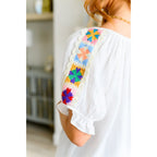 Elevate your boho - chic style with our Granny Squares Crinkle Knit Blouse. Crafted from lightweight white cotton gauze