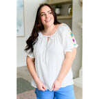 Elevate your boho - chic style with our Granny Squares Crinkle Knit Blouse. Crafted from lightweight white cotton gauze