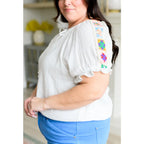 Elevate your boho - chic style with our Granny Squares Crinkle Knit Blouse. Crafted from lightweight white cotton gauze