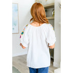 Elevate your boho - chic style with our Granny Squares Crinkle Knit Blouse. Crafted from lightweight white cotton gauze