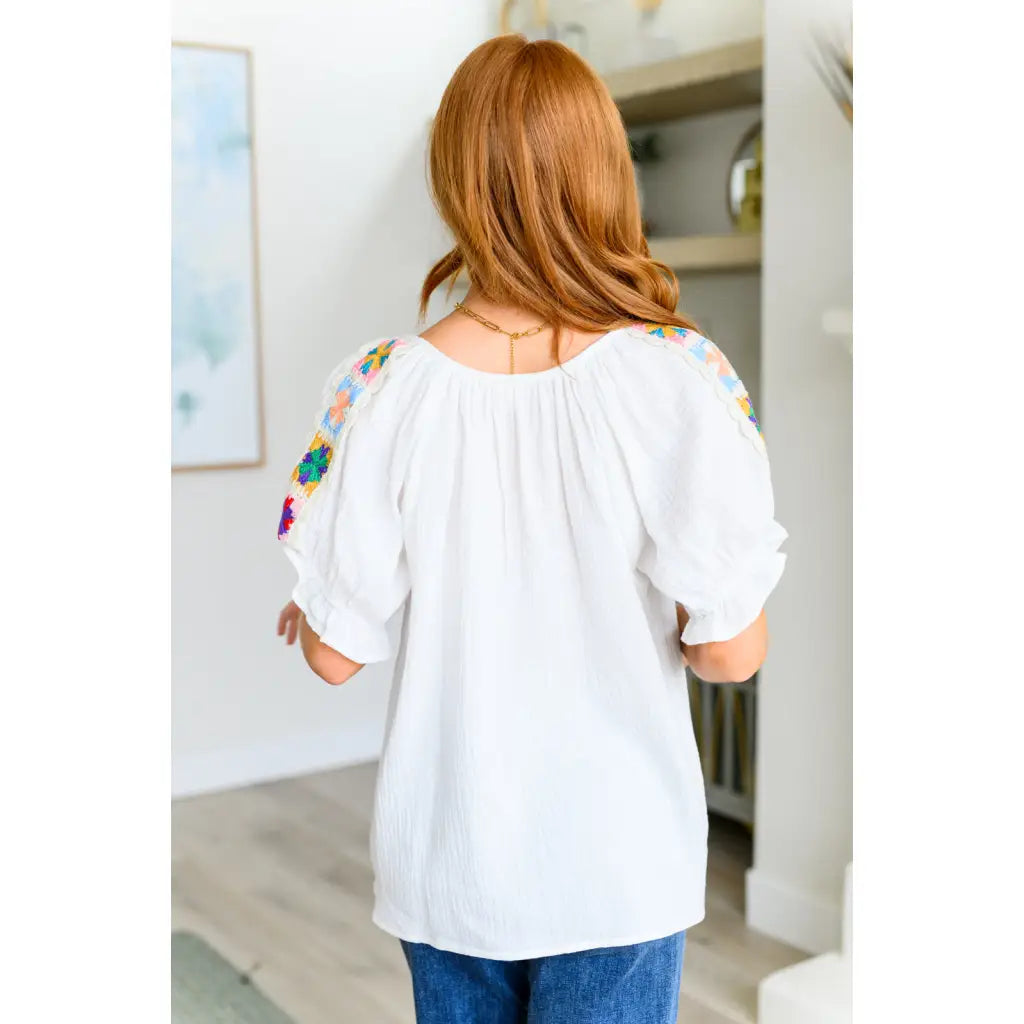 Elevate your boho - chic style with our Granny Squares Crinkle Knit Blouse. Crafted from lightweight white cotton gauze