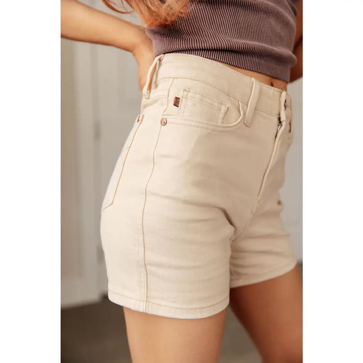 Greta High Rise Shorts in Bone Khaki - Denim