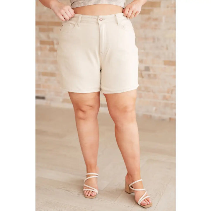 Greta High Rise Shorts in Bone Khaki - Denim