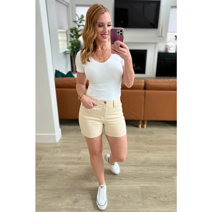 Greta High Rise Shorts in Bone Khaki - Denim