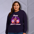 Halloween mini dachshund sweatshirt featuring Roxy Roo in a witch hat. Cozy playful plus size friendly. Available 9