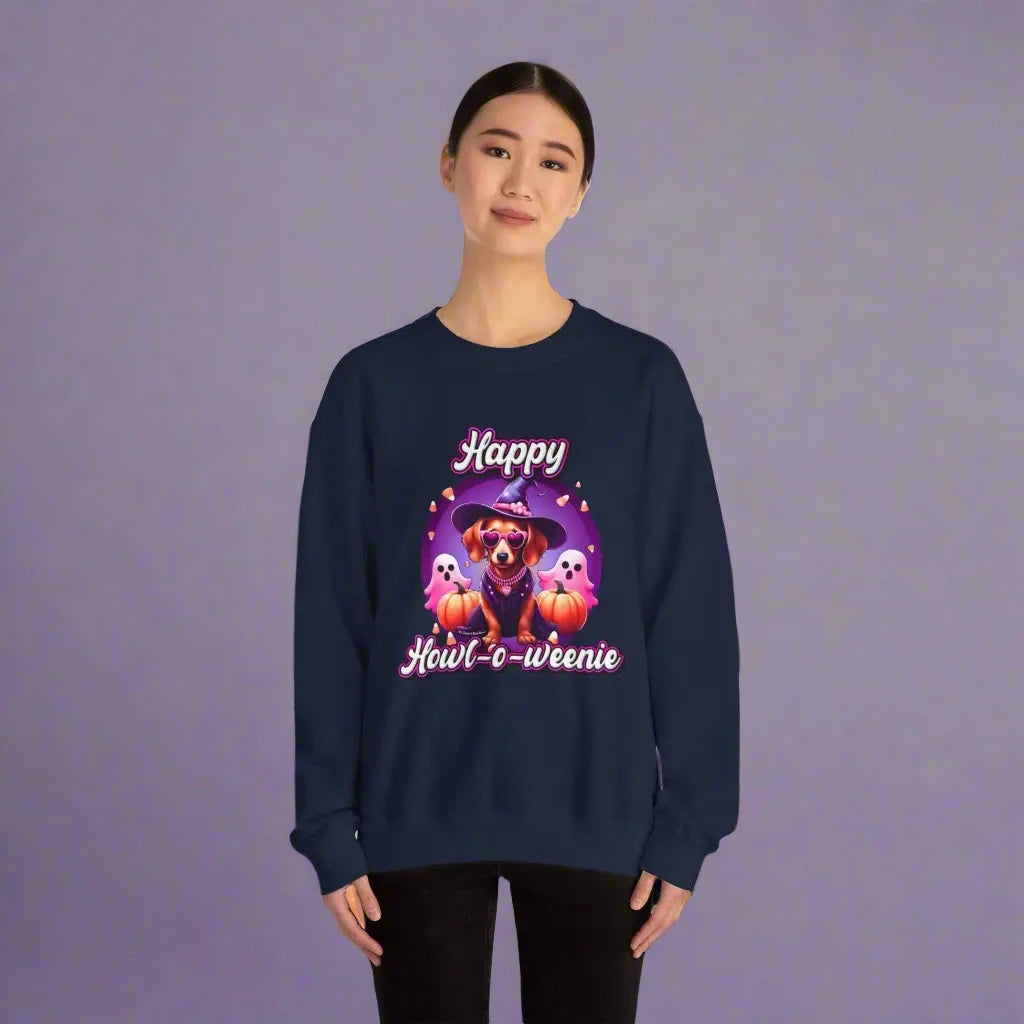 Halloween mini dachshund sweatshirt featuring Roxy Roo in a witch hat. Cozy playful plus size friendly. Available 9