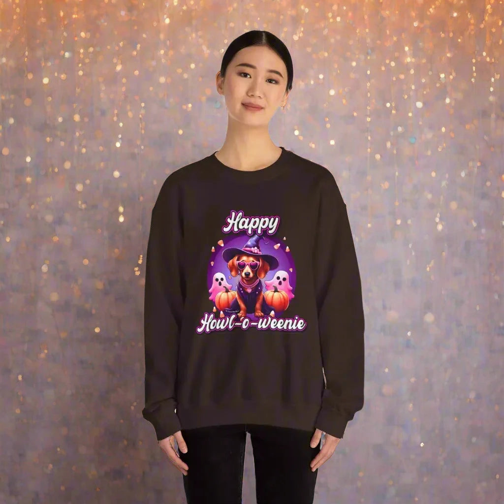 Halloween mini dachshund sweatshirt featuring Roxy Roo in a witch hat. Cozy playful plus size friendly. Available 9