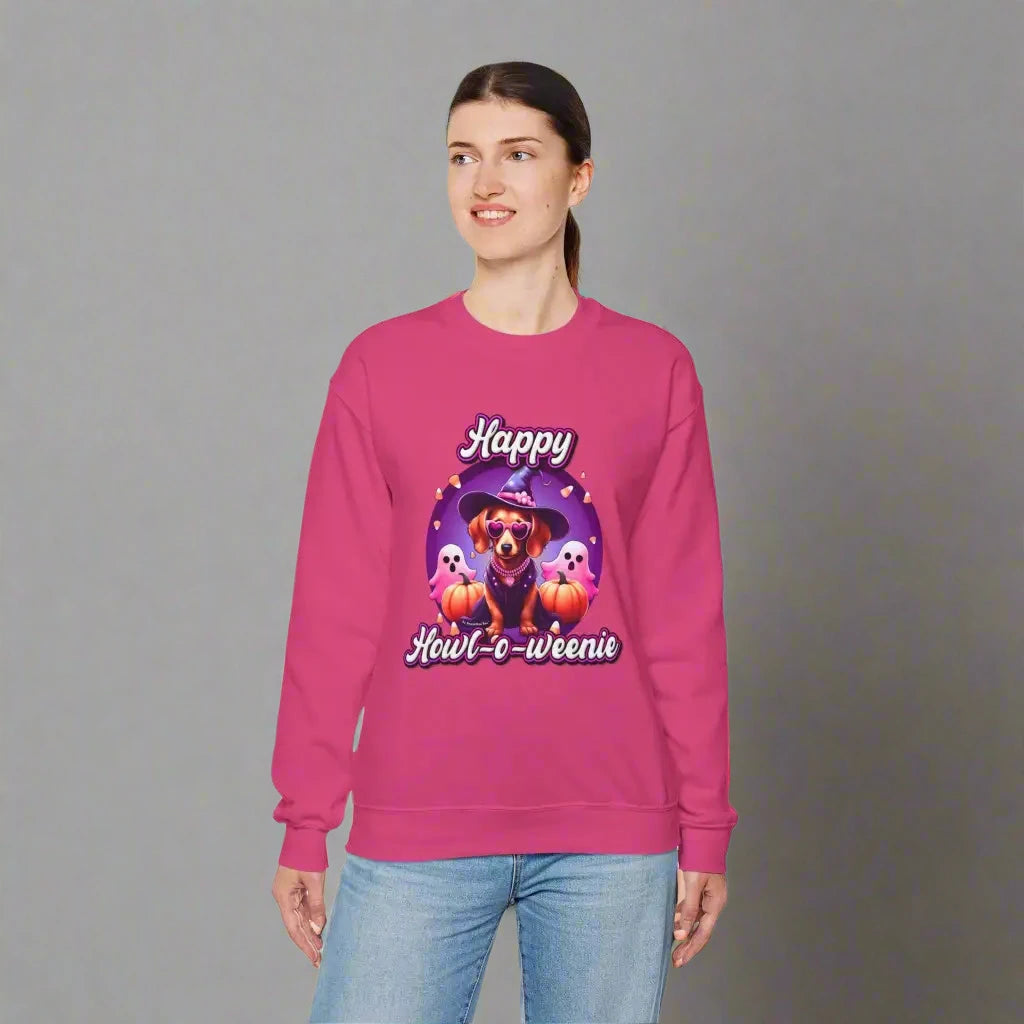Halloween mini dachshund sweatshirt featuring Roxy Roo in a witch hat. Cozy playful plus size friendly. Available 9