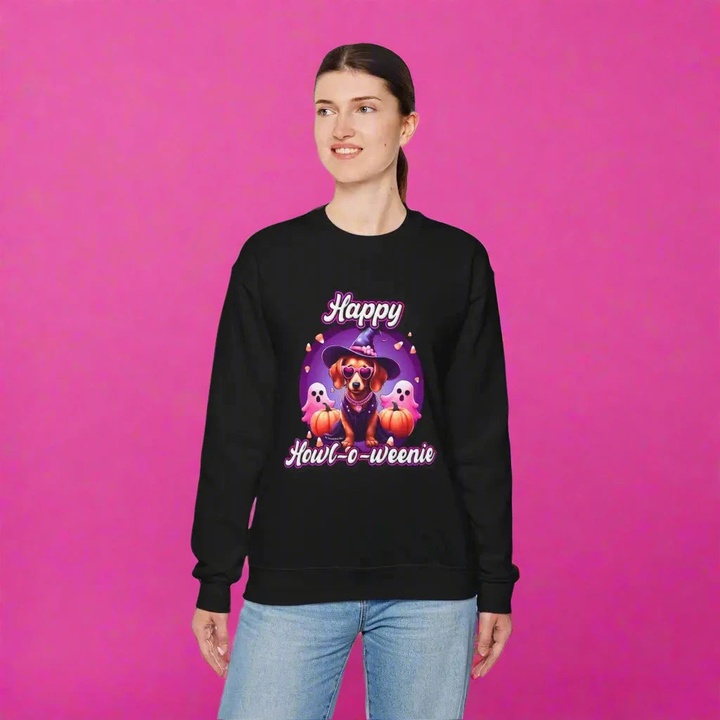 Halloween mini dachshund sweatshirt featuring Roxy Roo in a witch hat. Cozy playful plus size friendly. Available 9