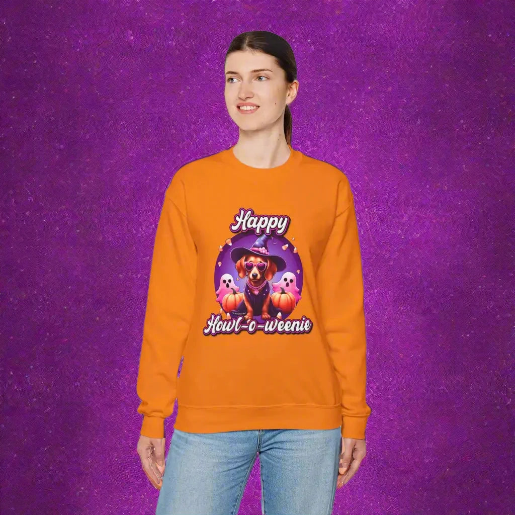 Halloween mini dachshund sweatshirt featuring Roxy Roo in a witch hat. Cozy playful plus size friendly. Available 9