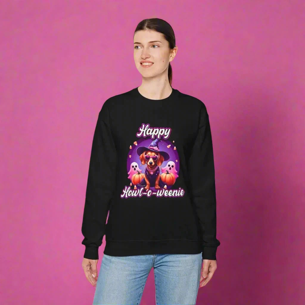 Halloween mini dachshund sweatshirt featuring Roxy Roo in a witch hat. Cozy playful plus size friendly. Available 9