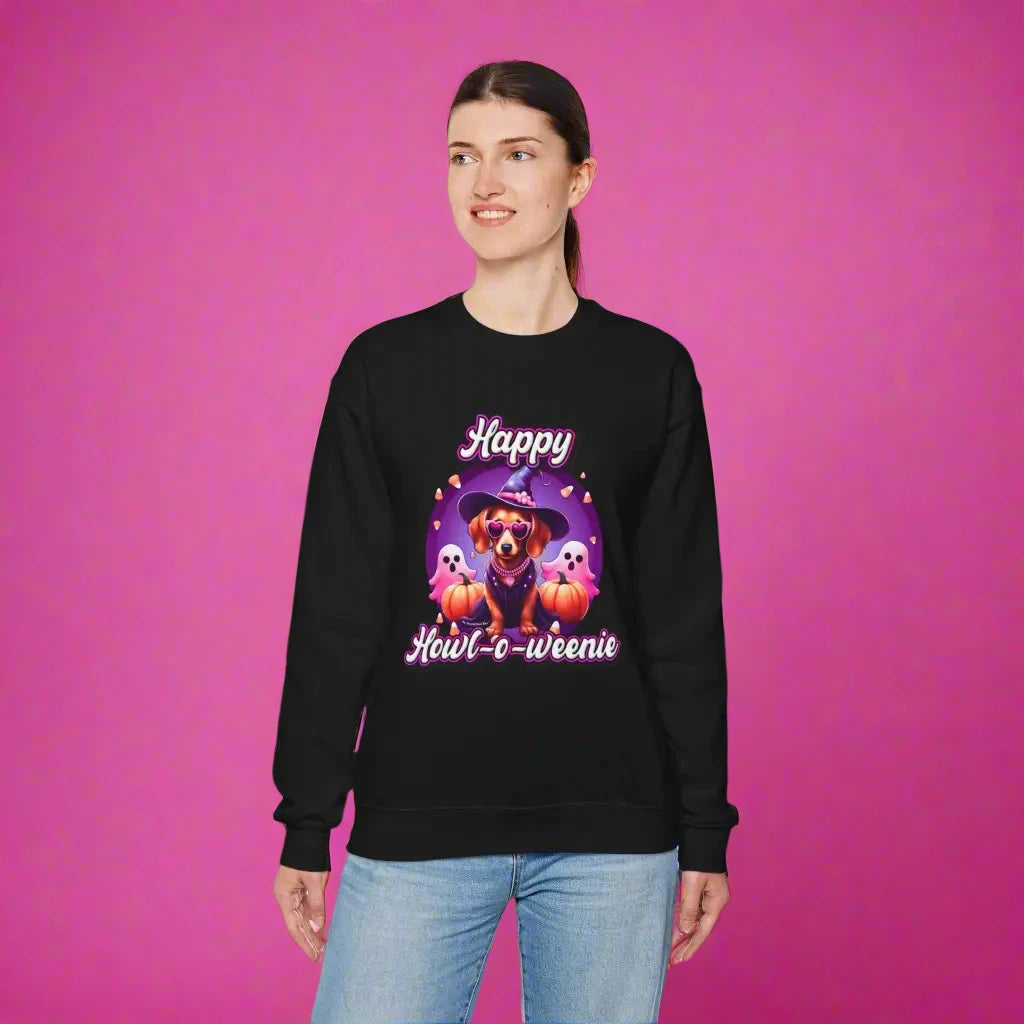 Halloween mini dachshund sweatshirt featuring Roxy Roo in a witch hat. Cozy playful plus size friendly. Available 9