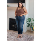 Dark wash Judy Blue slim fit jeans with 4-way stretch mid-rise and optional cuff. Size inclusive from 0–24W