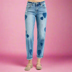 RISEN boyfriend jeans with romantic heart print mid rise fit and relaxed stretch. Plus size friendly boutique cute.