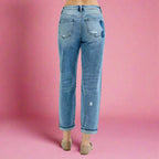 RISEN boyfriend jeans with romantic heart print mid rise fit and relaxed stretch. Plus size friendly boutique cute.