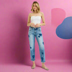 RISEN boyfriend jeans with romantic heart print mid rise fit and relaxed stretch. Plus size friendly boutique cute.