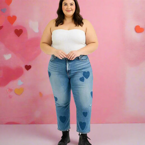 RISEN boyfriend jeans with romantic heart print mid rise fit and relaxed stretch. Plus size friendly boutique cute.