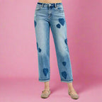 RISEN boyfriend jeans with romantic heart print mid rise fit and relaxed stretch. Plus size friendly boutique cute.