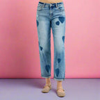 RISEN boyfriend jeans with romantic heart print mid rise fit and relaxed stretch. Plus size friendly boutique cute.