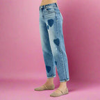 RISEN boyfriend jeans with romantic heart print mid rise fit and relaxed stretch. Plus size friendly boutique cute.