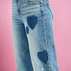RISEN boyfriend jeans with romantic heart print mid rise fit and relaxed stretch. Plus size friendly boutique cute.