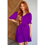 Shop the Hold It Together Pleated Mini Dress available in standard and plus sizes SM-3XL. Bold purple chiffon