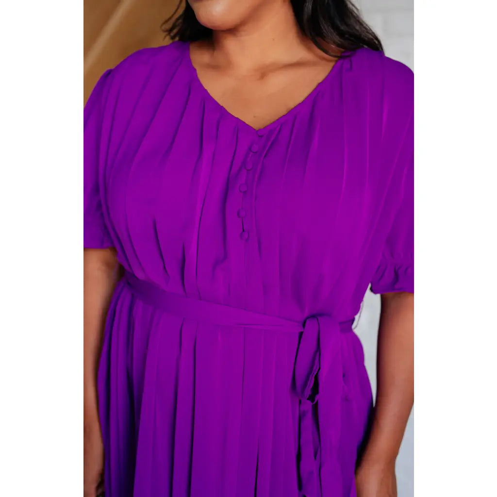 Shop the Hold It Together Pleated Mini Dress available in standard and plus sizes SM-3XL. Bold purple chiffon