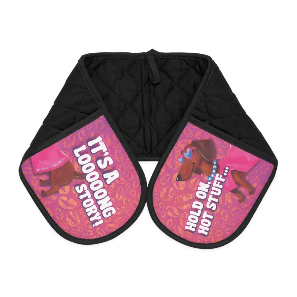 Cute dachshund wrap around oven mitts featuring Roxy Roo. Heat insulated lightweight and perfect for cooking gifting