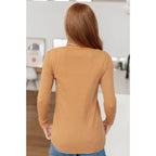 Iced caramel henley top in baby waffle knit. Plus size friendly soft and cozy with snap front scoop neckline. Perfect