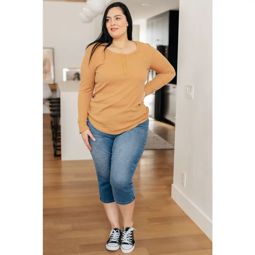 Iced caramel henley top in baby waffle knit. Plus size friendly soft and cozy with snap front scoop neckline. Perfect