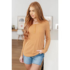 Iced caramel henley top in baby waffle knit. Plus size friendly soft and cozy with snap front scoop neckline. Perfect