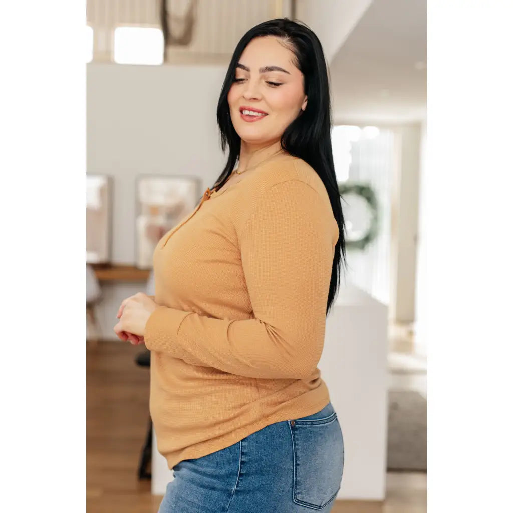 Iced caramel henley top in baby waffle knit. Plus size friendly soft and cozy with snap front scoop neckline. Perfect