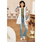 Aztec back panel cardigan with open front and dropped shoulder. Plus size friendly cozy soft knit for effortless