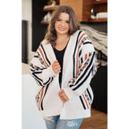 Aztec back panel cardigan with open front and dropped shoulder. Plus size friendly cozy soft knit for effortless