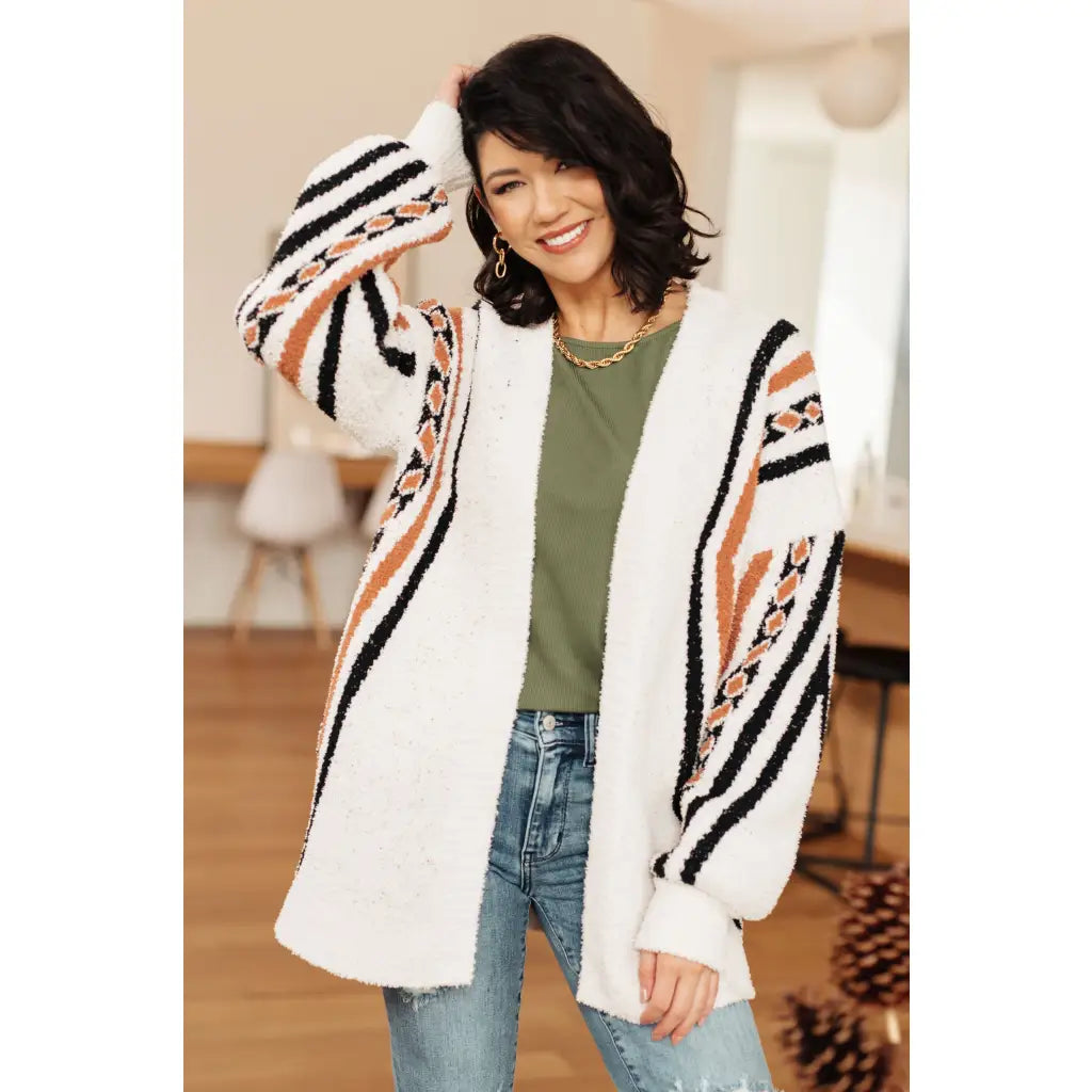 Aztec back panel cardigan with open front and dropped shoulder. Plus size friendly cozy soft knit for effortless