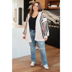 Aztec back panel cardigan with open front and dropped shoulder. Plus size friendly cozy soft knit for effortless