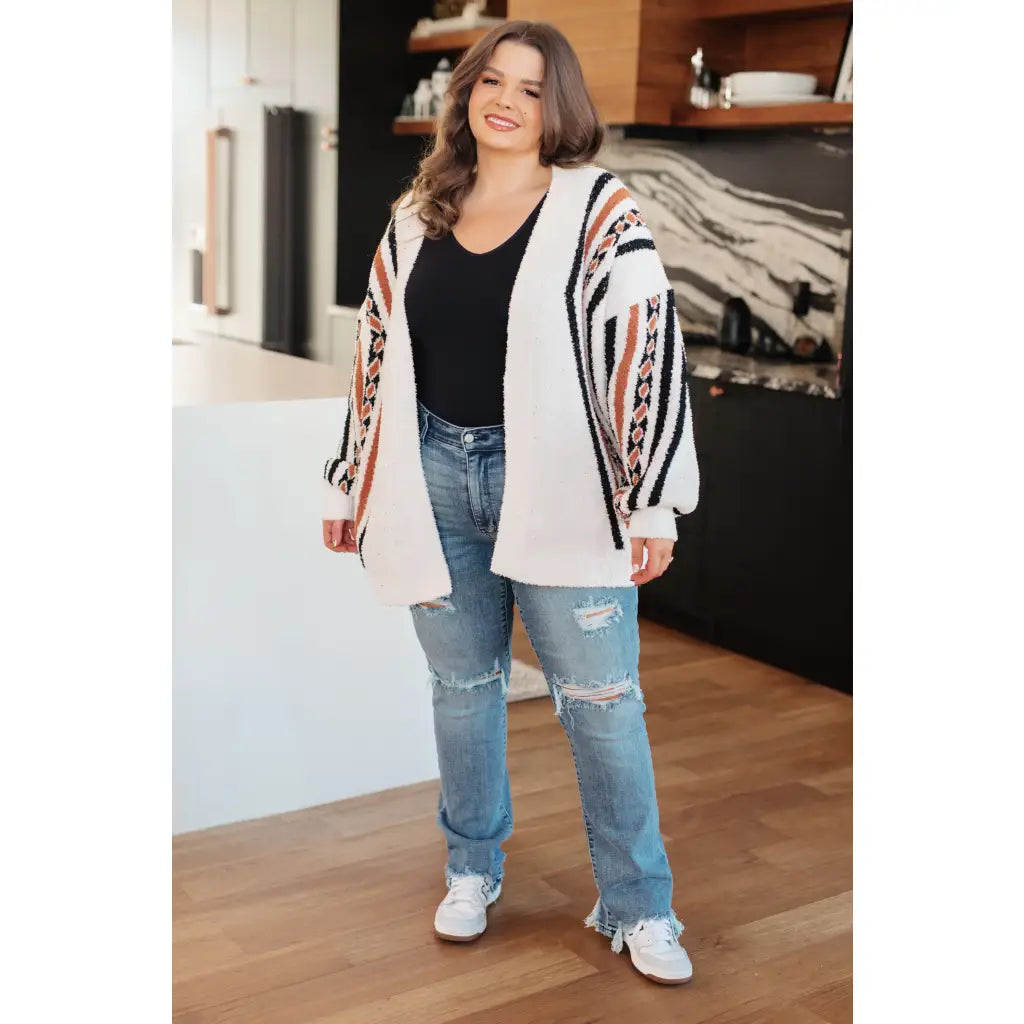 Aztec back panel cardigan with open front and dropped shoulder. Plus size friendly cozy soft knit for effortless
