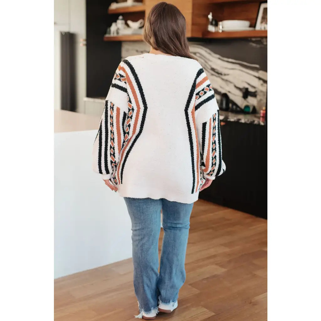 Aztec back panel cardigan with open front and dropped shoulder. Plus size friendly cozy soft knit for effortless