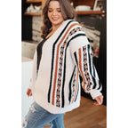 Aztec back panel cardigan with open front and dropped shoulder. Plus size friendly cozy soft knit for effortless