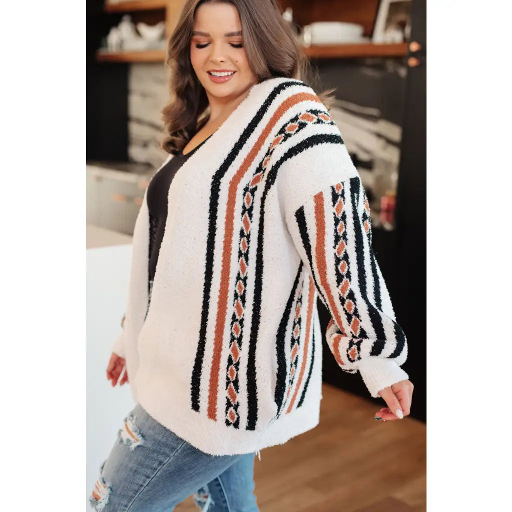 Aztec back panel cardigan with open front and dropped shoulder. Plus size friendly cozy soft knit for effortless