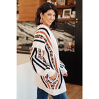 Aztec back panel cardigan with open front and dropped shoulder. Plus size friendly cozy soft knit for effortless