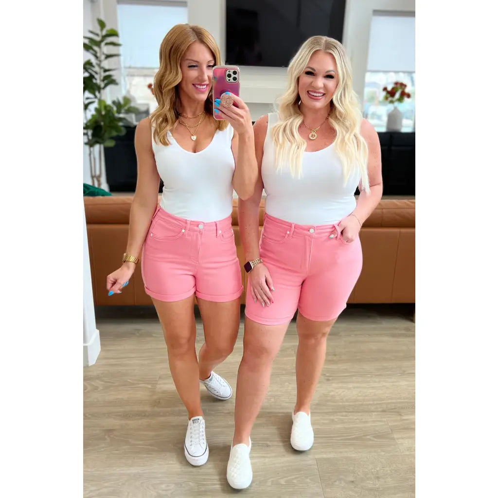 Get ready to rock these Jenna High Rise Control Top Cuffed Shorts in Pink from Judy Blue! Elevate your style
