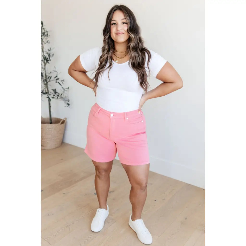 Get ready to rock these Jenna High Rise Control Top Cuffed Shorts in Pink from Judy Blue! Elevate your style